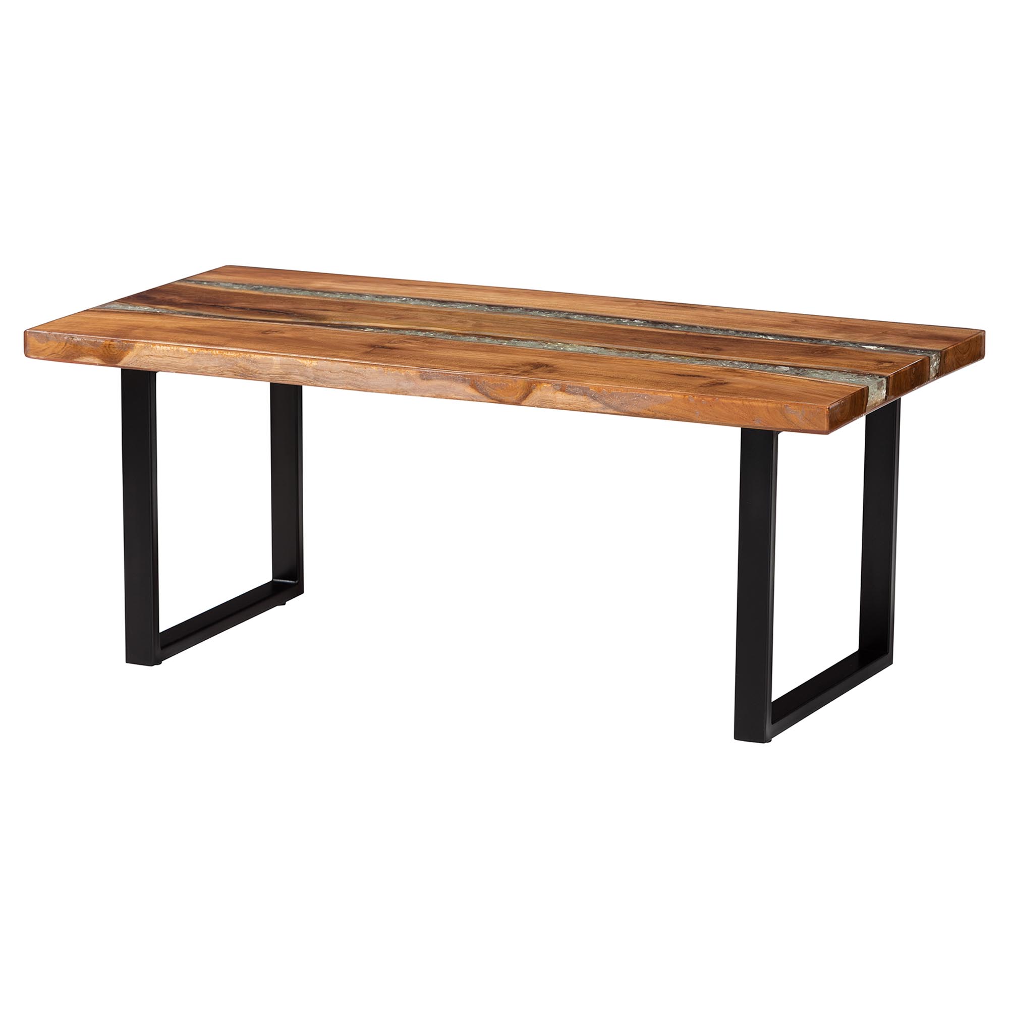 bali & pari Apio Wood Epoxy Resin Coffee Table with Glass Inlay - Rectangular Live Edge Teak wood Accent Table with Black Metal Base, Modern Rustic Centerpiece Affordable modern furniture in Chicago, classic living room furniture, modern coffee table, cheap coffee table